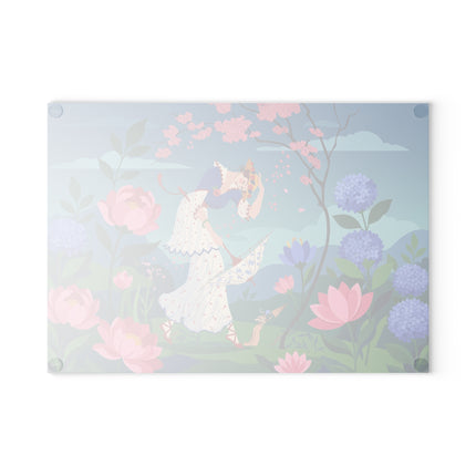 🌸☂️ The Lady Of The Falling Cherry Blossoms Glass Cutting Board – Art Deco Garden Fantasy