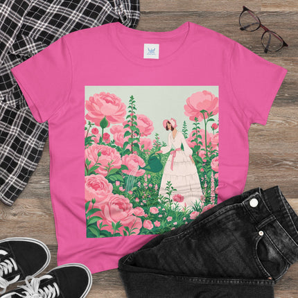 🌸💧 The Rose Garden Watering Cotton Tee – Art Deco Floral Whimsy