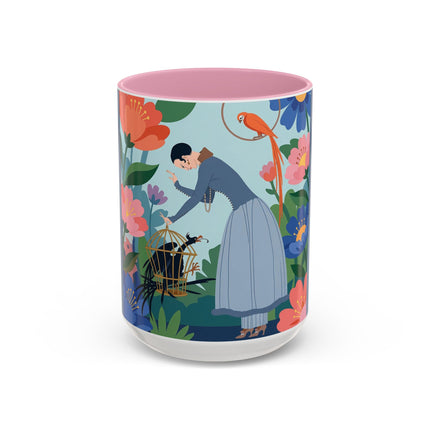 The Lady And The Mysterious Bird Colorful Mugs – Art Deco Botanical Mystery