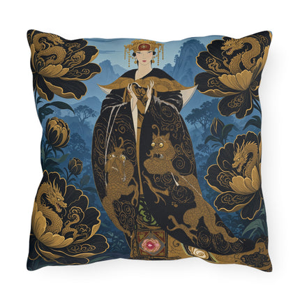 🐉🌺 The Golden Dragon Empress Outdoor Pillow – Art Deco Oriental Fantasy