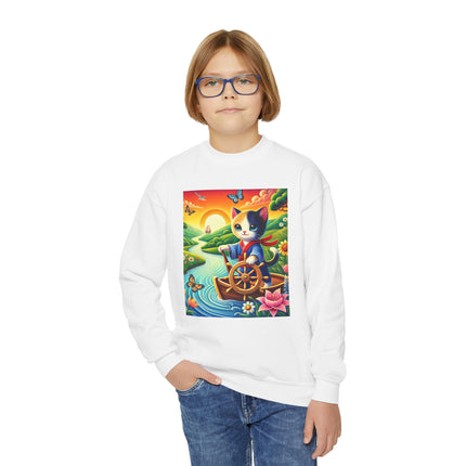 Sailor Kitten’s River Adventure Youth Crewneck Sweatshirt – Exploration, Joy & Storybook Adventure