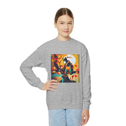 Black Cat in Kimono Youth Crewneck Sweatshirt
