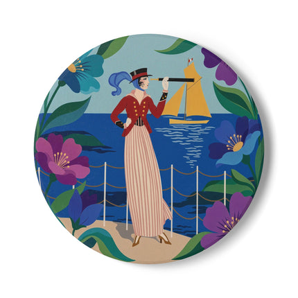 🌊🔭 The Lady Of The Seaside Lookout Ceramic Coaster – Art Deco Nautical Adventure
