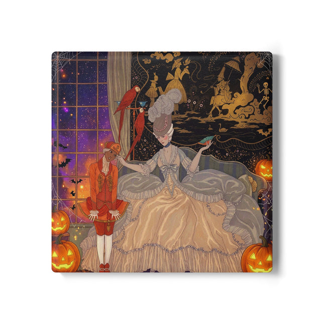 🌙🎃 The Moonlit Parlor Masquerade Ceramic Coaster – Elegant Halloween Romance