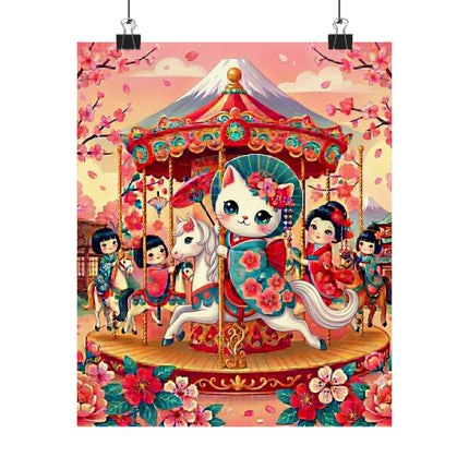 🎠🌸 Geisha Kitten's Enchanted Carousel Ride Matte Vertical Poster – Whimsical Dreams & Cherry Blossom Magic