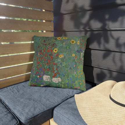Farm Garden with Sunflowers by Gustav Klimt Outdoor Pillows