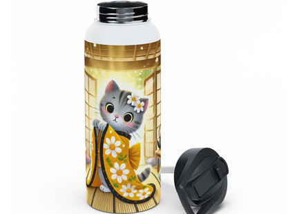 Playful Kitten in the Tea Room Stainless Steel Water Bottle, Standard Lid