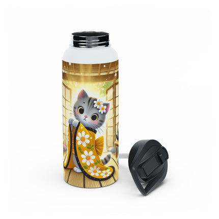 Playful Kitten in the Tea Room Stainless Steel Water Bottle, Standard Lid
