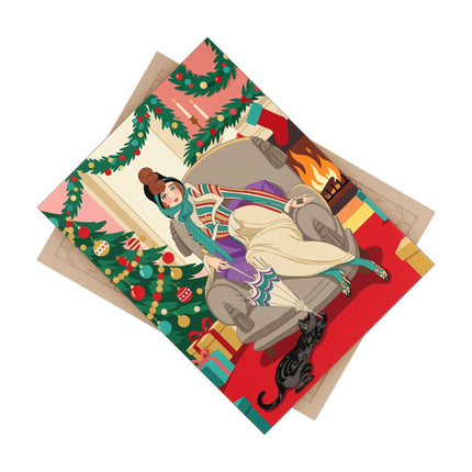 🔥🐈‍⬛ The Lady Of The Christmas Hearth Ceramic Tile – Art Deco Holiday Warmth