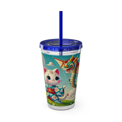 Geisha Kitten and the Dragon Kite Sunsplash Tumbler with Straw, 16oz