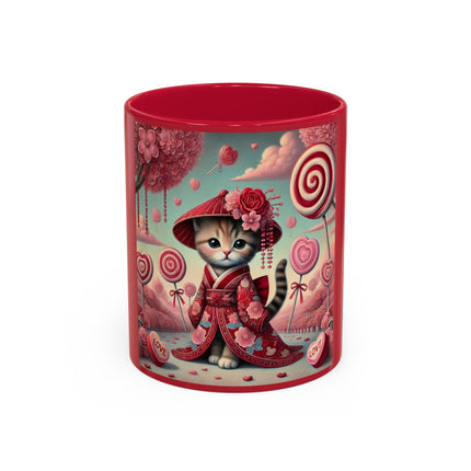 Whimsical Geisha Kitten in a Valentine Garden Colorful Mugs (11oz, 15oz)