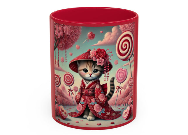 Whimsical Geisha Kitten in a Valentine Garden Colorful Mugs (11oz, 15oz)