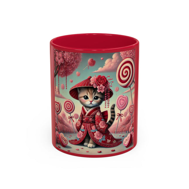 Whimsical Geisha Kitten in a Valentine Garden Colorful Mugs (11oz, 15oz)