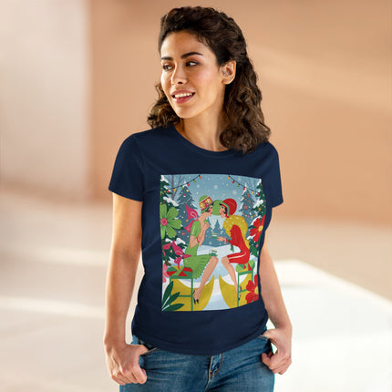 ☕❄️ Christmas Tea In The Snow Garden Cotton Tee – Art Deco Holiday Friendship