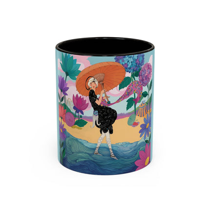 The Lady Of The Coral Parasol Colorful Mugs – Art Deco Coastal Elegance