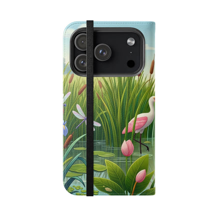 🦩🌸 Geisha Kitten Strolls Among the Spoonbills Flip Case – Serene Grace & Marshland Wonder