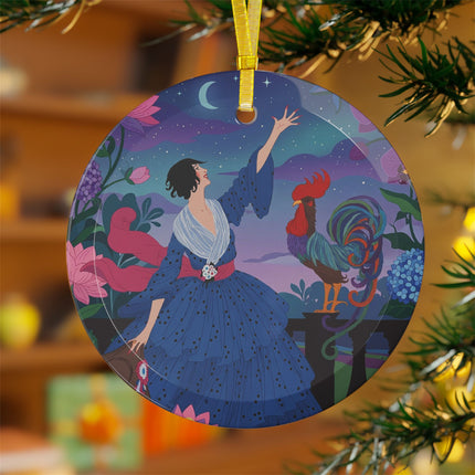 🌙🐓 The Lady And The Morning Song Glass Ornament – Art Deco Botanical Elegance