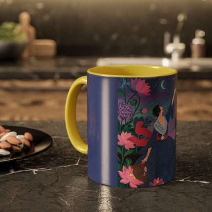 The Lady And The Morning Song Colorful Mugs – Art Deco Botanical Elegance