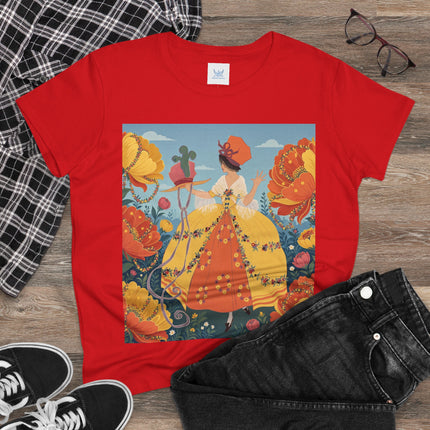 🧡🌼 The Golden Flower Promenade Cotton Tee – Art Deco Floral Elegance