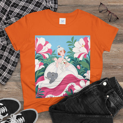 🌸🐘 The Pink Blossom Companion Cotton Tee – Art Deco Floral Whimsy