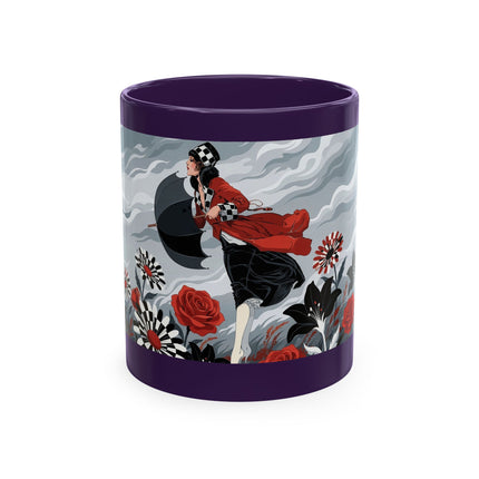 ☂️🌹 The Lady In The Windy Rose Garden Ceramic Mug – Art Deco Fashion Whimsy