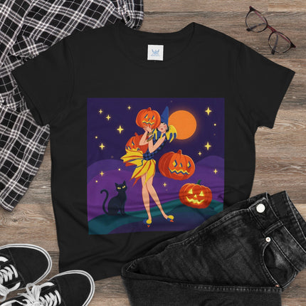 🎃🕯️ Moonlit Pumpkin Masquerade Cotton Tee – Whimsical Halloween Charm