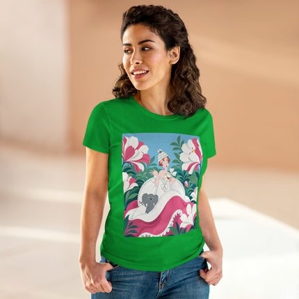 🌸🐘 The Pink Blossom Companion Cotton Tee – Art Deco Floral Whimsy