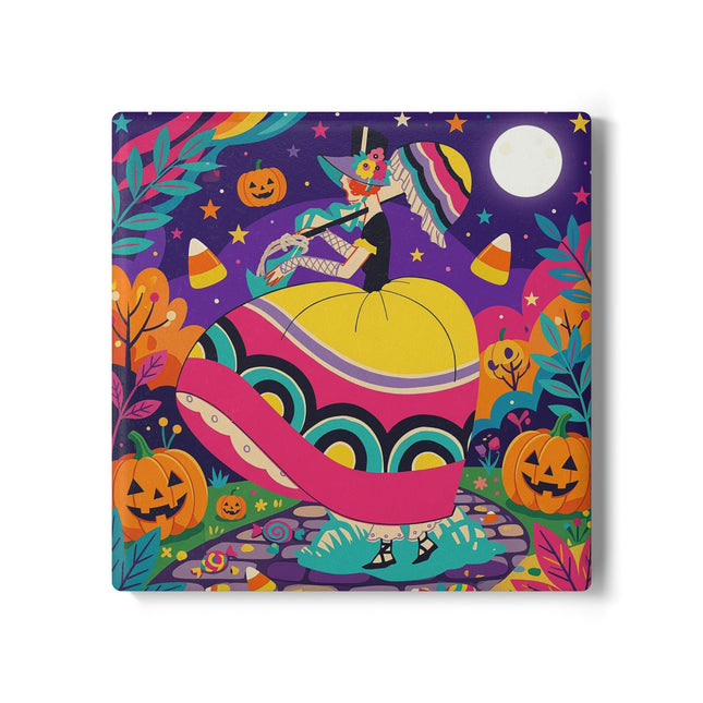 🌙🎃 The Lady Of Moonbeam Hollow Ceramic Coaster – Whimsical Halloween Charm