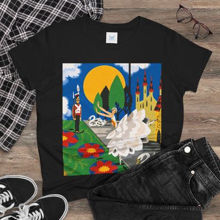🦢🏰 The Enchanted Swan Ballet Cotton Tee – Art Deco Fairytale Whimsy