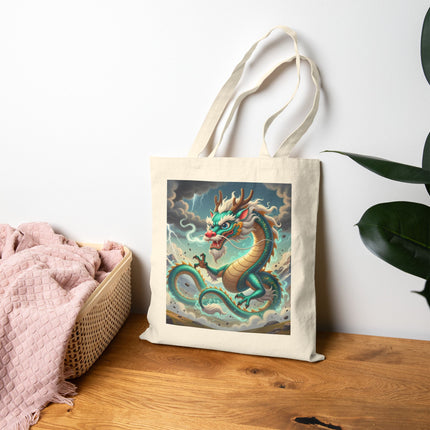 The Tibetan Dragon in Battle Cotton Canvas Tote Bag – Power, Motion & Mythic Energy