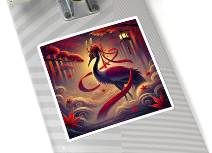 Regal Crimson Crane in the Autumn Mist Kiss-Cut Stickers (4 Sizes)