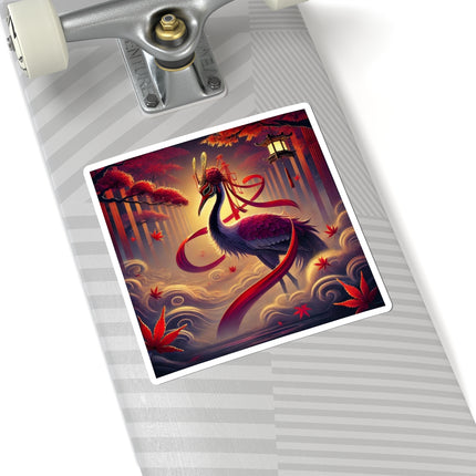 Regal Crimson Crane in the Autumn Mist Kiss-Cut Stickers (4 Sizes)
