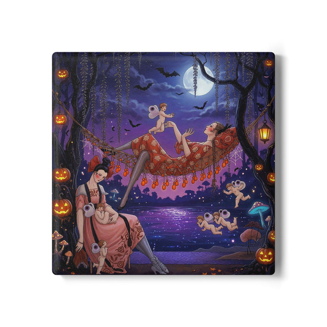 🌙🎃 Moonlit Mischief In The Pumpkin Grove Ceramic Coaster – Whimsical Halloween Fantasy