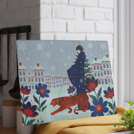 🐆❄️ The Lady And The Christmas Leopard Glass Cutting Board – Art Deco Winter Fantasy