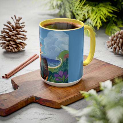 The Lady And The Sea Breeze Colorful Mugs – Art Deco Coastal Serenity