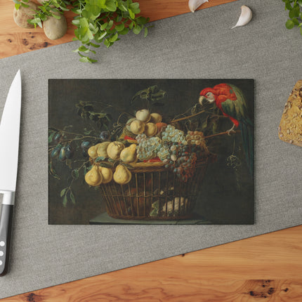 Still Life of a Basket of Fruit with a Parrot by Adriaen Van Utrecht Glass Cutting Board