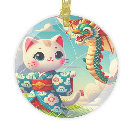 Geisha Kitten and the Dragon Kite Glass Ornament