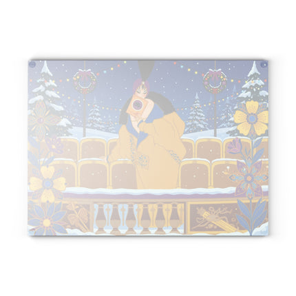 🎭❄️ The Lady Of The Snowbound Theatre Glass Cutting Board – Art Deco Holiday Elegance