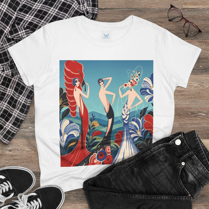 🌹🎭 The Three Ladies Of The Floral Promenade Cotton Tee – Art Deco Fashion Elegance