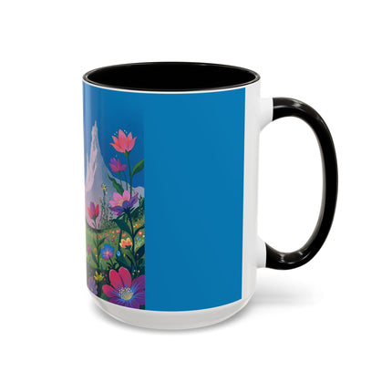 The Lady And The Moonlit Peak Colorful Mugs – Art Deco Alpine Garden Elegance