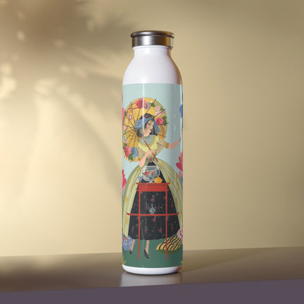 🌸🪞 The Lady Of The Flowered Parasol Slim Water Bottle – Art Deco Floral Whimsy