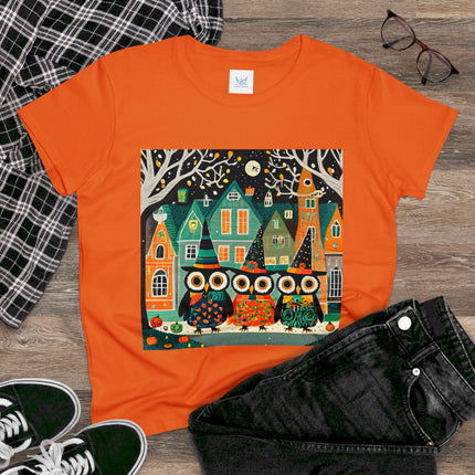 Night of the Trick-or-Treating Owlets Women's Midweight Cotton Tee