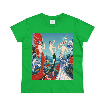 🌹🎭 The Three Ladies Of The Floral Promenade Cotton Tee – Art Deco Fashion Elegance