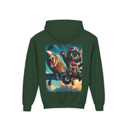 Parachuting Cat Commando Youth Hooded Sweatshirt – Action, Adventure & Wild Imagination