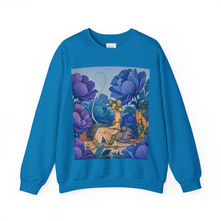 💙🌸 The Lady Among The Blue Blossoms Crewneck Sweatshirt – Art Deco Floral Reverie