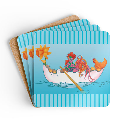 A Rooster's Seafaring Adventure Corkwood Coaster Set