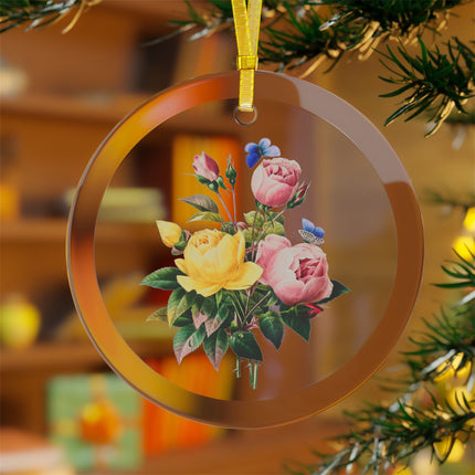 Yellow Rose and Cabbage Rose botanical illustration by Pierre-Joseph Redouté Glass Ornament