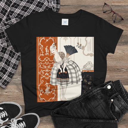 🪭🖤 The Lady With The Black Fan Cotton Tee – Art Deco Fashion Illustration