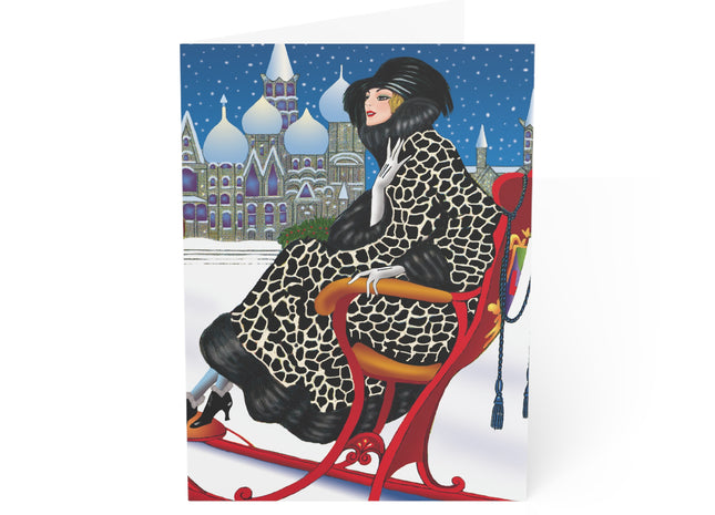 Elegant Winter Woman in Sleigh Greeting Cards (1, 10, 30, and 50pcs)