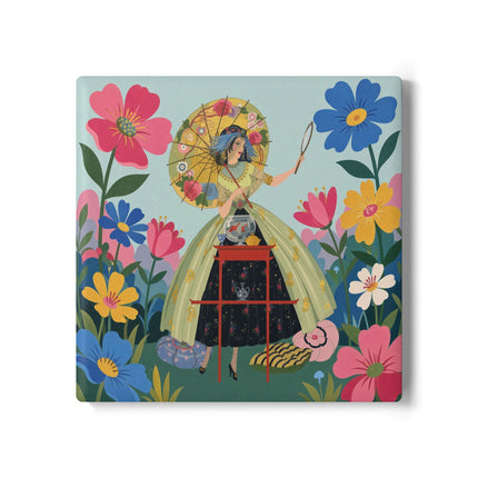 🌸🪞 The Floral Parasol Reflection Ceramic Coaster – Art Deco Garden Fantasy